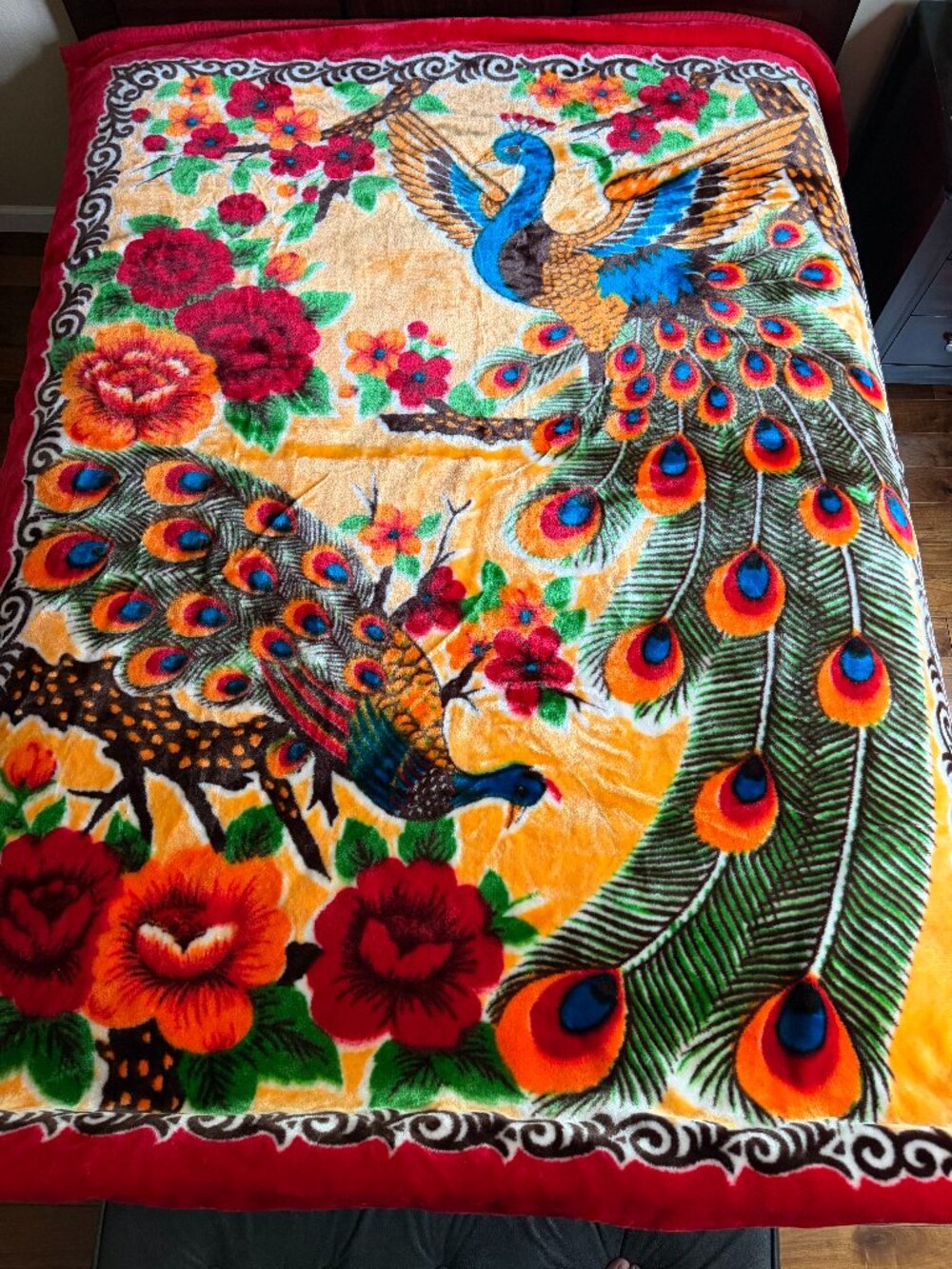 Vintage Korean Mink Blanket Reversible Peacock & Roses 200x240cm Heavy Plush